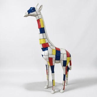Abstract decorative sculpture designed as white giraffe figure with colorful patterns 205cm height