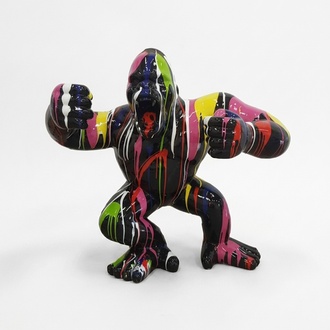 Decorative sculpture designed as a gloss full black colored shouting gorilla in colorful stripes 70x80x40cm