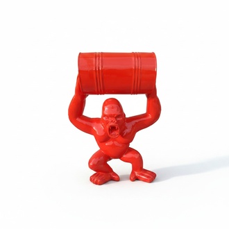 Full red colored decorative gloss sculpture designed as a shouting gorilla holding a barrel 100cm