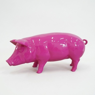 Decorative sculpture designed as a gloss full pink colored pig 40x80cm