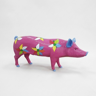Decorative sculpture designed as pink colored pig figure with flowers 70x160cm sizes
