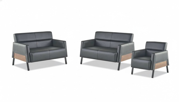 Modern set 2-seater armchair black leather sofas couch soft leather wood