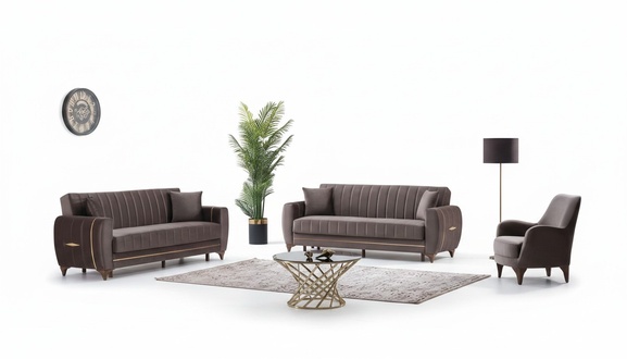 Modern sofa set 3-piece design textile brown design 3+3+1 living room
