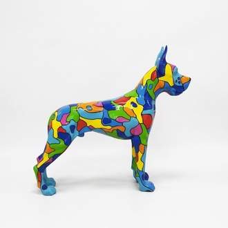 Decorative garden sculpture designed as a standing gloss dog in colorful mosaic patterns 110x125cm