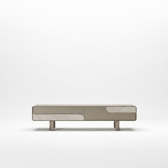 Modern TV lowboard made of wood in beige.