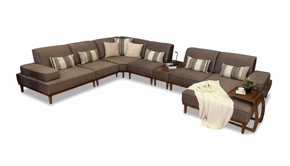 Modern upholstered corner sofa U-shape brown fabric with coffee table for living room