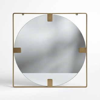 Modern wall mirror, round mirror glass, square frame, living room table.