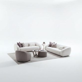 Modern white living room set with 3-seater sofa and coffee table.