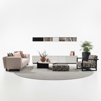 Modern white living room set with TV stand and shelves.
