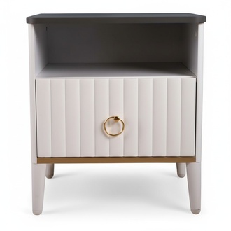 Modern white wooden nightstand with drawers.