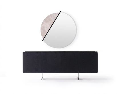 Modern wooden and glass dining table set in black.