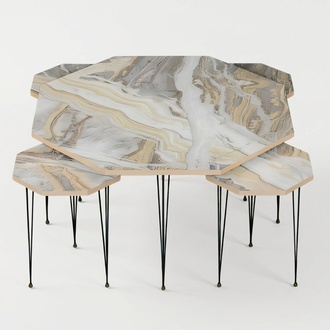 Modern wooden coffee table with colorful side tables in multicolor