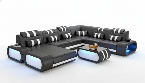 Modern XXL Sofa U Shape Large Corner Sofa Leather Sofa Black Faux Leather