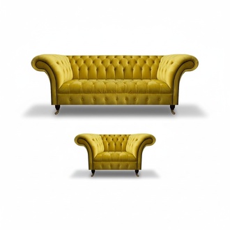 Modern Yellow Chesterfield Upholstered Suite Elegant 3-Seater Textile Armchair