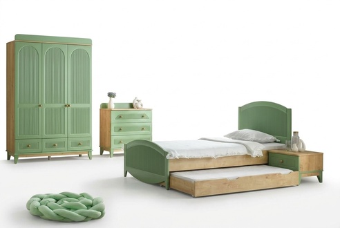Modern youth room set bed wardrobe nightstand chest of drawers furniture 4-piece