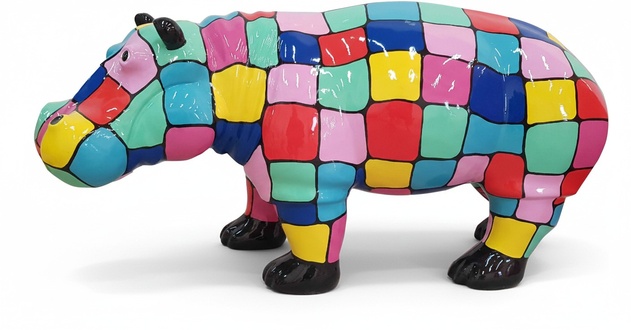 Abstract decorative sculpture designed as gloss standing hippopotamus in colorful puzzle patterns 45x100cm