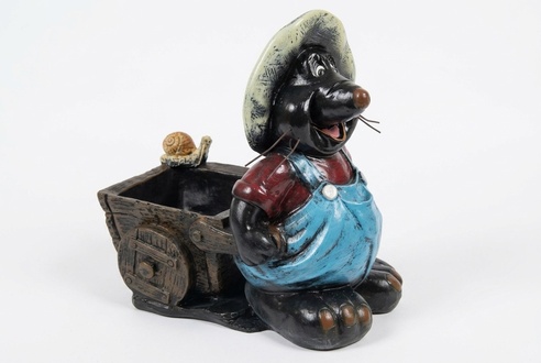 Decorative sculpture designed as gloss black colored mole with a wheelbarrow & a snail 46x42cm