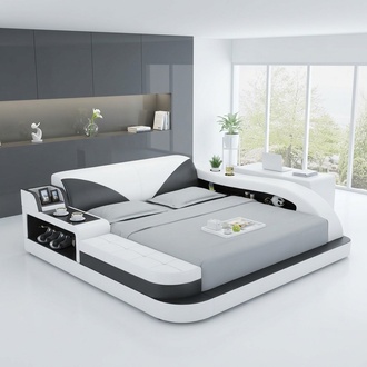 Designer leather marriage double bed with modern style multifunctional bedside console 180x200cm