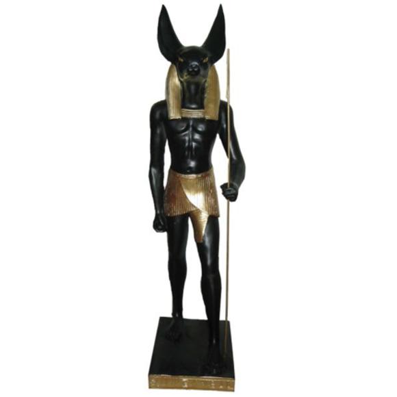 Ancient egyptian decorative sculpture of black colored anubis figure with big ears & gold decorations 62cm