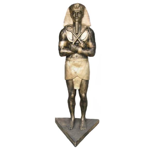Decorative ancient egypt sculpture of golden Ramses II figure 190 cm height