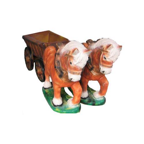 Original colored two horses with a wooden chariot 45cm