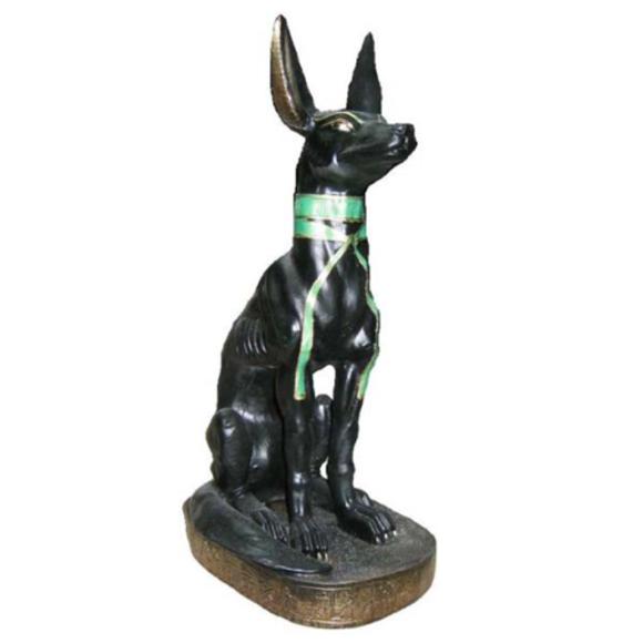 Decorative ancient egyptian sculpture of black colored anubis with a green necklace 40cm