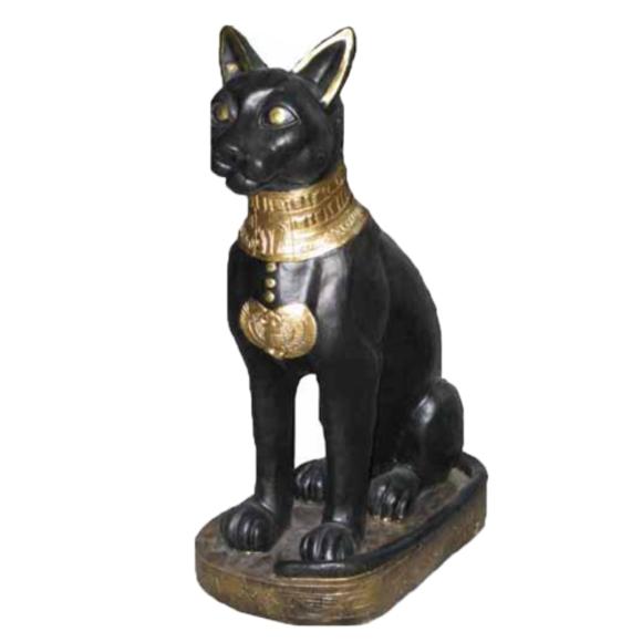 Decorative sculpture of ancient egyptian black colored cat bastet with a golden necklace 60cm