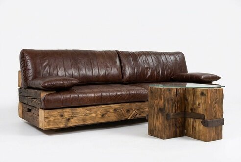 Natural Sofa Leather Wood Bench Seat Upholstery Couch Three Seater Genuine Handmade 3pc