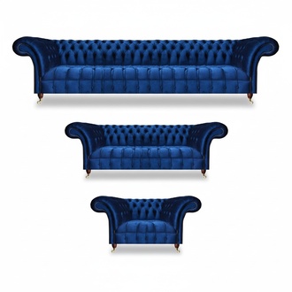 New Sofa Set 3 Pieces Luxury Blue Complete Chesterfield Living Room Upholstered Furniture
