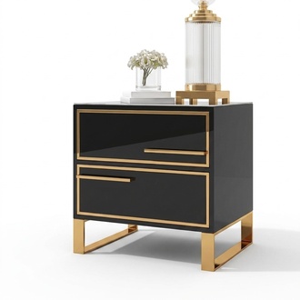 Modern style designer gloss bedside table made of real wooden & stainless steel with 2-sliding drawers