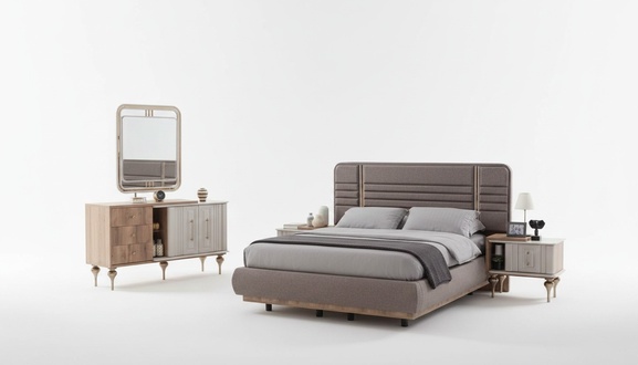 Elegant Bedroom Set Upholstered Bed Bedside Tables Dressing Table Mirror