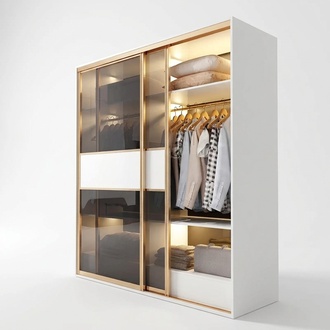 Modern style luxury designer wardrobe made of real wood & stainless steel with sliding glass doors