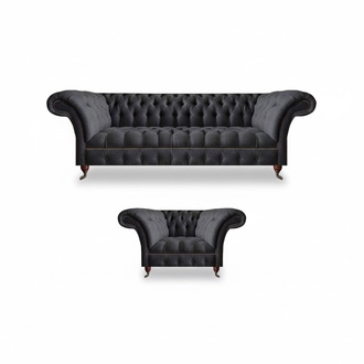 Noble Chesterfield furniture complete black seating set upholstered couches.