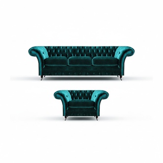 Noble Chesterfield Green Upholstered Sofas Designer Textile Couches 2-piece Set