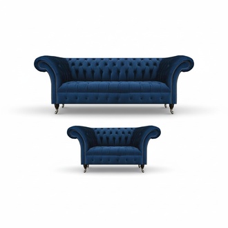 Noble Chesterfield sofa set designer blue three-seater upholstered 2-seater