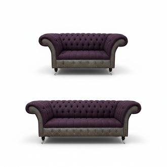 Chesterfield Sofa Set 3+1 Seaters Purple Textile Fabric Comfortable Couches on Casters New
