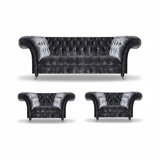 Elegant grey Chesterfield upholstered sofas Modern 3-seater 2x textile armchairs