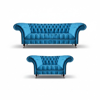 Noble sky blue Chesterfield sofa set designer 3-seater and 2-seater set.