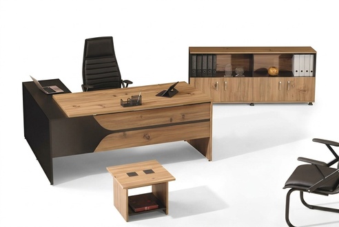 Office computer furniture work desk office furniture table 3-piece wooden set brown