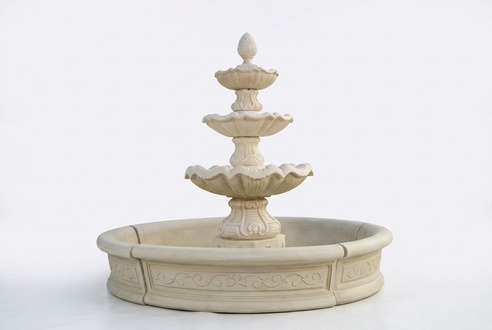 Ornamental garden pond fountain consists of four round bowls with patterns made of weather-resistant cement 195cm