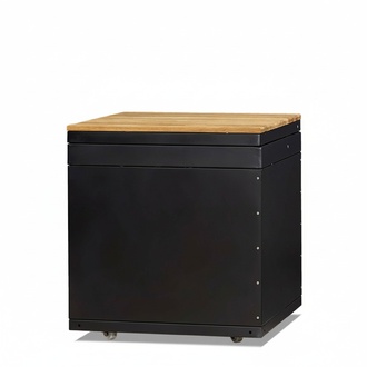 Outdoor kitchen module in black made of wood and stainless steel for garden kitchen.