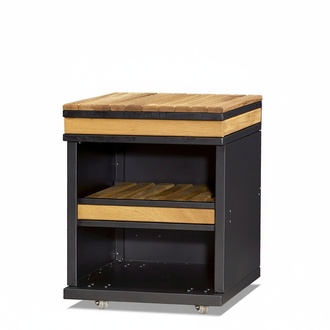 Outdoor kitchen module made of wood and stainless steel in brown for the garden.
