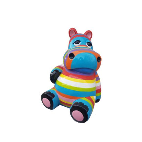 Decorative abstract sculpture designed as a gloss sitting cartoon hippo with colorful patterns 50cm