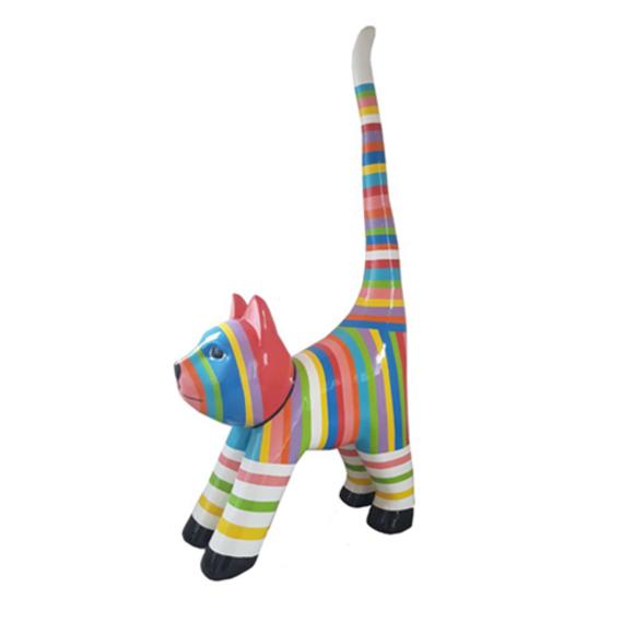 Abstract decorative sculpture designed as gloss colorful cat figure with stripes 190cm height