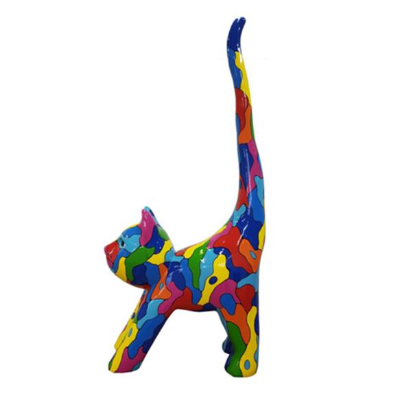 Decorative abstract sculpture designed as gloss mosaic colorful cat figure 190cm height