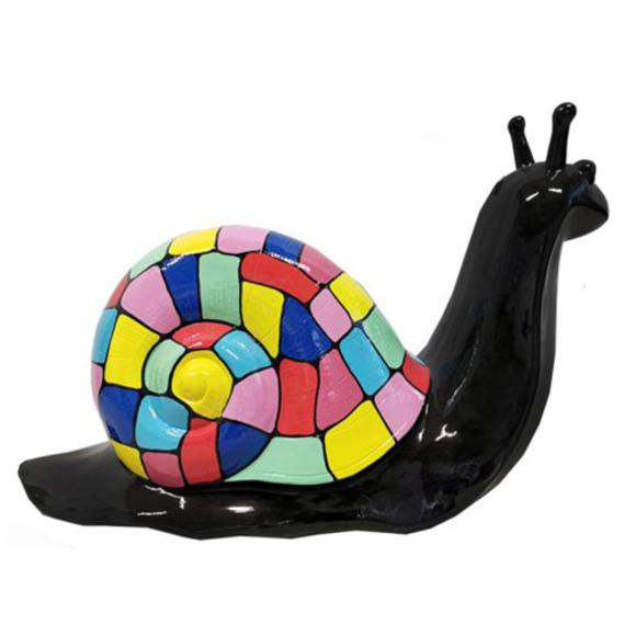 Decorative abstract sculpture designed as a gloss black snail with colorful shell in square mosaic patterns 100cm