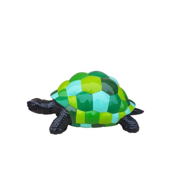 Abstract decorative sculpture designed as a black turtle with colorful mosaic shell in green tones 109cm