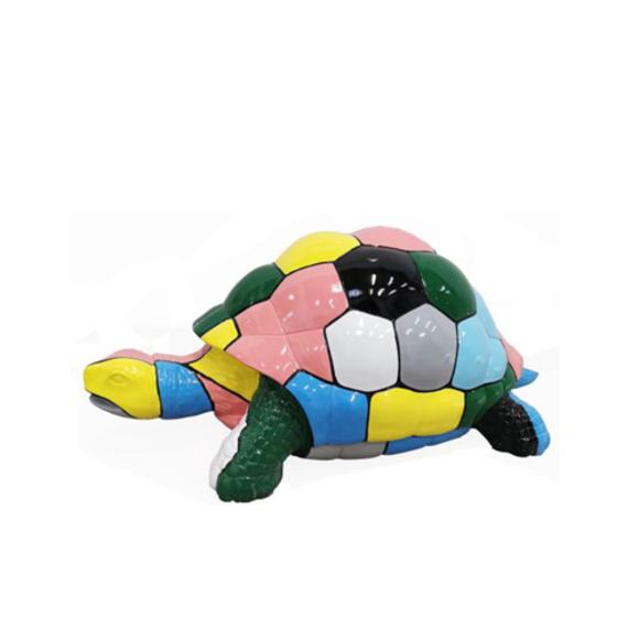 Decorative sculpture designed as a gloss turtle painted in colorful geometric mosaic patterns 109cm