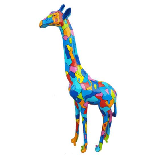Abstract decorative sculpture designed as gloss colorful giraffe in mosaic 205cm height