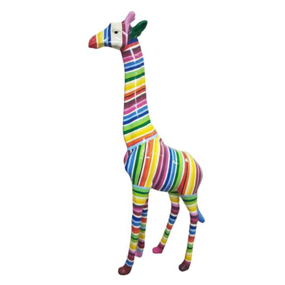 Abstract decorative sculpture designed as gloss giraffe figure with colorful stripes 205cm height